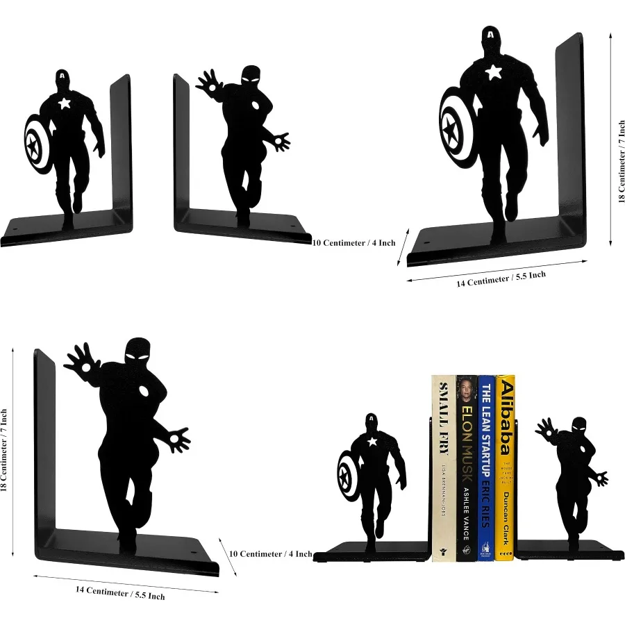

Superhero-Themed Bookends for Home and Office Shelves Heavy-Duty Non-Skid Metal Book Holders Decorative Shelf Supports Unique S