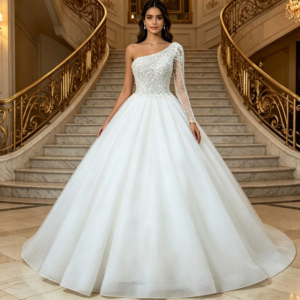 Customized One Shoulder Lace Up Back Wedding Dress Beading Pearls Ball Gown Abiti Da Sposa 2025