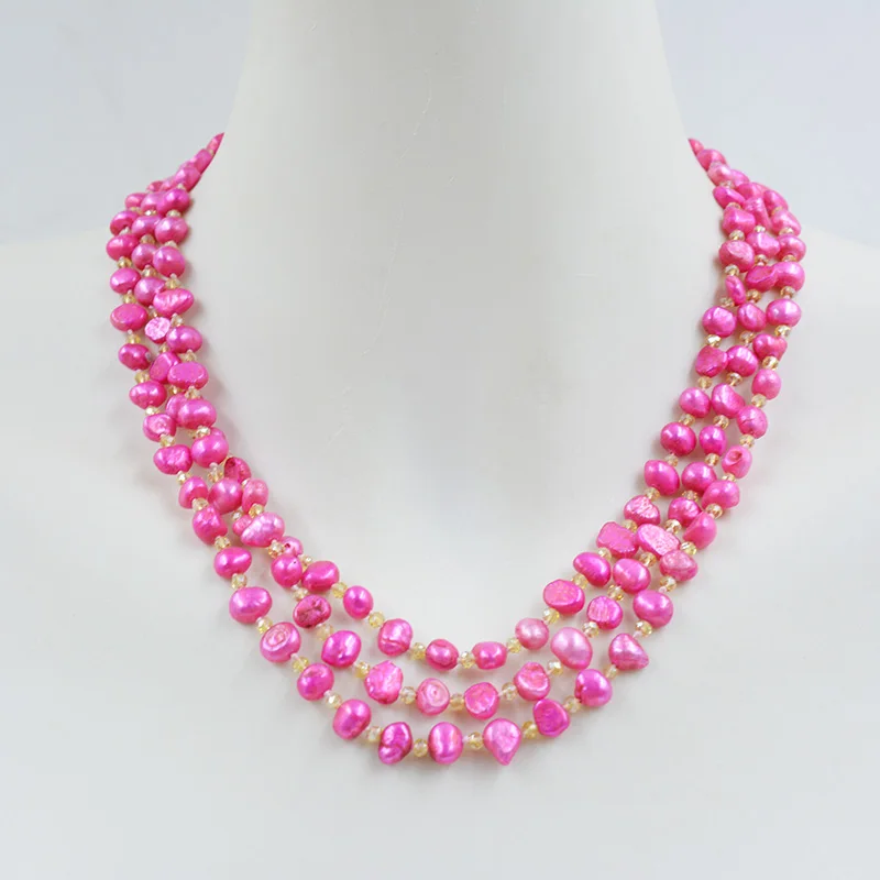 Fashion! 6MM 3-Row Natural Baroque Pearl Necklace. The most classic jewelry for women's wedding anniversary  45-50CM