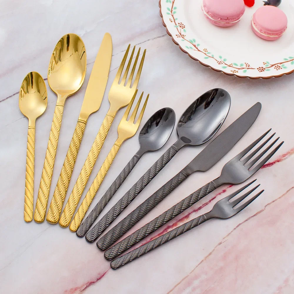 30pcs Luxury Cutlery Set Dinnerware Stainless Steel Tableware Knives Forks Spoon Hemp Rope Handle Flatware Dishwasher Safe Gift