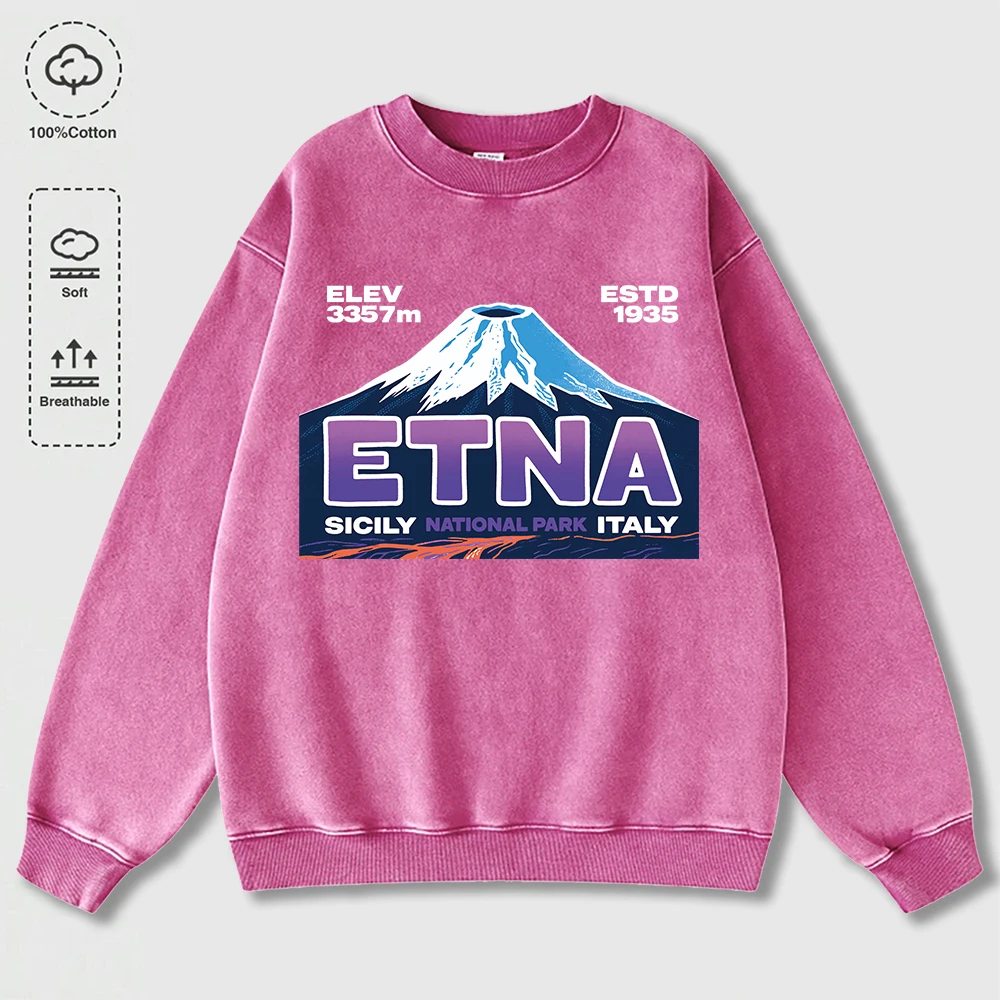 Etna Sicily National Park Italy Prints Washed Sweatshirt Womens Cotton Hoodie Autumn Warm Crewneck Tops Street Oversized Clothes