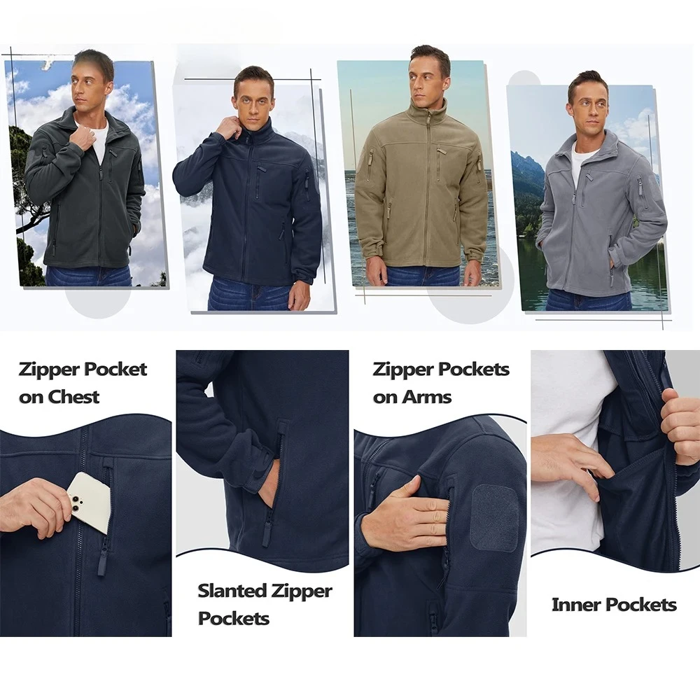 Green Fleece Jacket Thermal Warm Work Coats Mens Zipper Pockets Jacket Hiking Training Outwear Windbreaker Full Zip Up