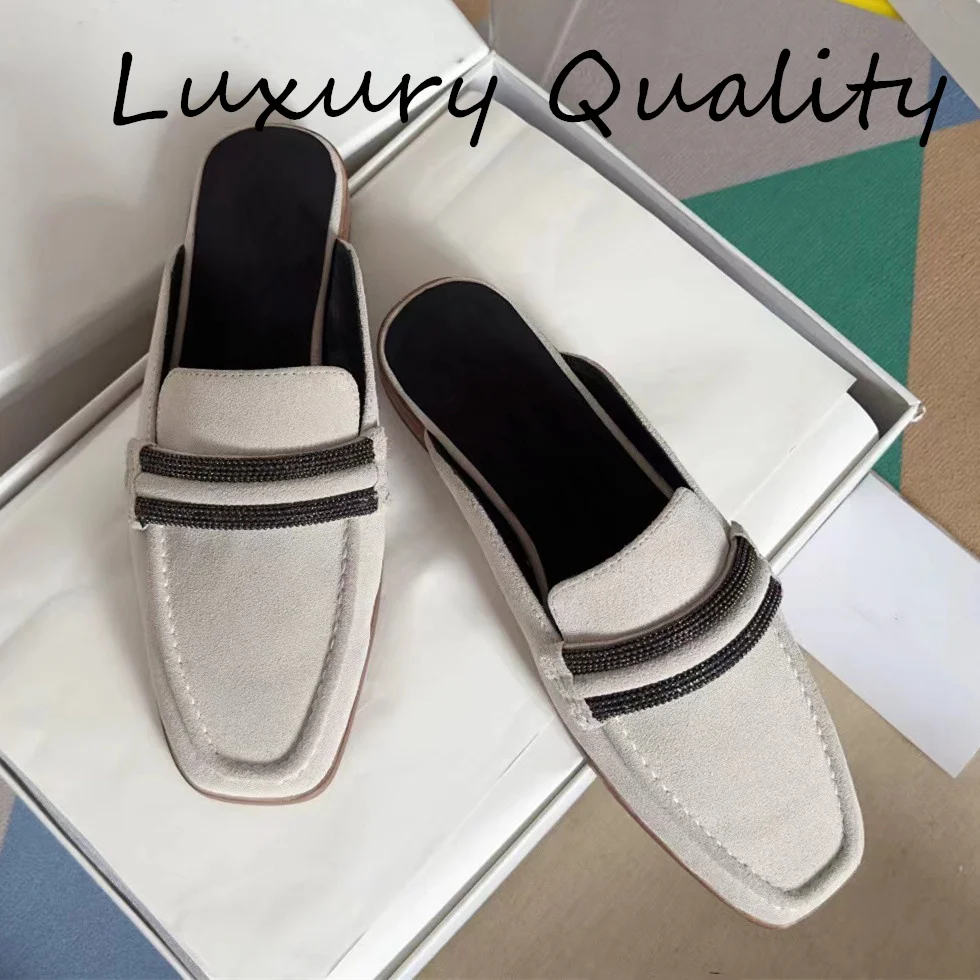 

2024 New Half Slippers cow leather upper Square head and flat bottom Flat bottomed casual shoes Luxury Design