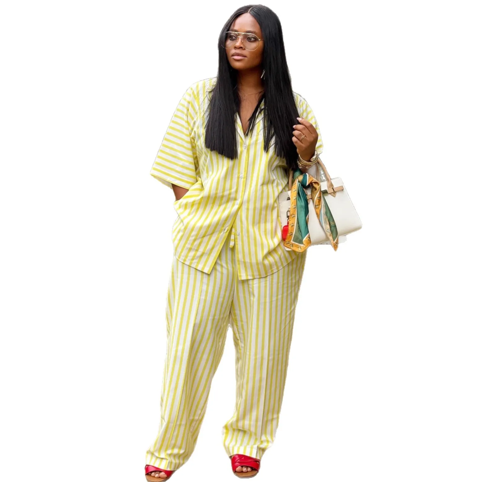 

Женские комплекты брюк из двух предметов, одинаковые комплекты в полоску, на пуговицах, с короткими рукавами, с отложным воротником, топ, брюки с эластичной резинкой на талии, свободные, лето 2023 г.