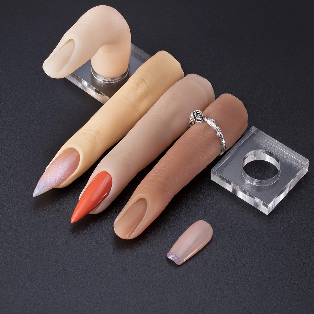 1PC Bendable Fake Finger Silicone Practice Finger Acrylic Nail Practice Hand Nail Art Ring Jewelry Display Nail Training Finger