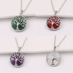 Fashion Natural Stone Pendant Round Crystal Quartz Opal Agate Tree of Life Necklace Pendants Tree of Life Round Shaped Pendant
