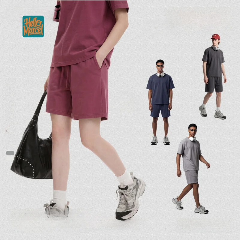 HELLOMARCEL Luxury Quality Sports Shorts European American 450g Heavyweight Washed Drawstring Casual Unisex Cotton Shorts