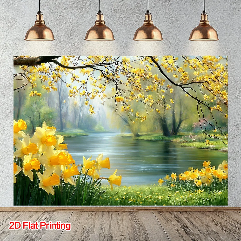 Vibrant Spring Floral Tapestry Wall Art Canvas Decor Daffodil Flowers Nature Landscape River Print for Home Aesthetic Decoration