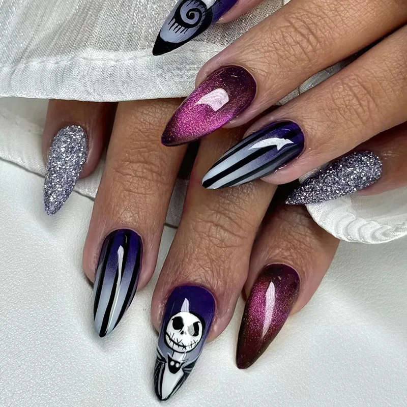 

24Pcs Medium Almond Press on Nails - Halloween Design with Black White Stripes White Ghost Purple Smoky & Silver Glitter