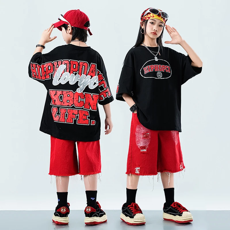 

Hip Hop Costumes For Kids Jazz Outfit Girls Oversize T-Shirt Black Street Dance Shorts Red Boys Fashion Stage Dancewear VDL3460