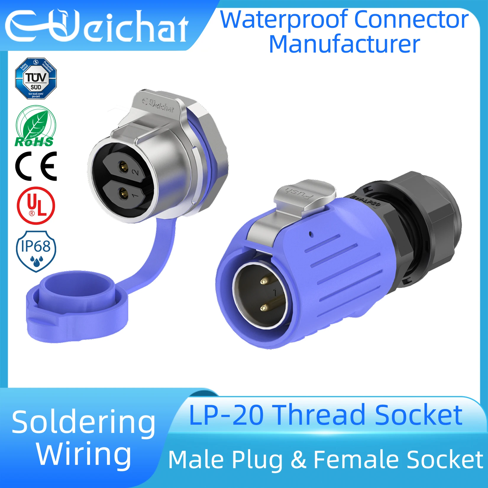 

LP20 IP68 Waterproof Connector 2-14 Pin Blue Metal Male Plug + Thread Socket Industrial Circular Aviation Electrical Connector