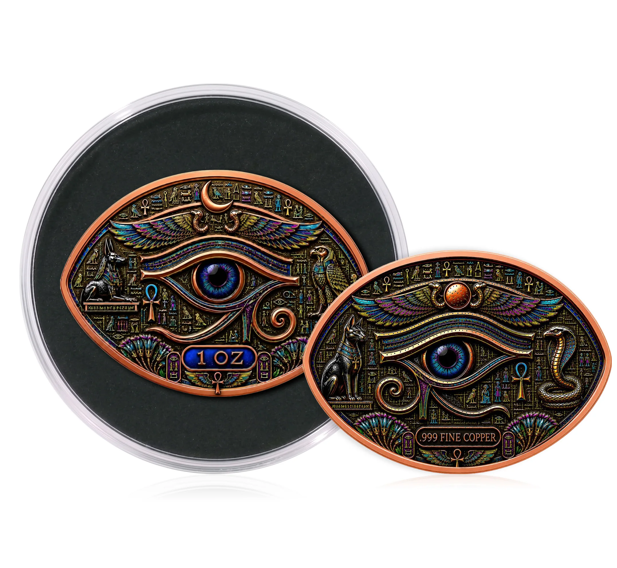 1OZ .999Copper Oval Coin Eye of Horus Ancient Egypt UV Color Printed Challenge Coin Anubis Ankh Symbol Collectible Souvenir Gift