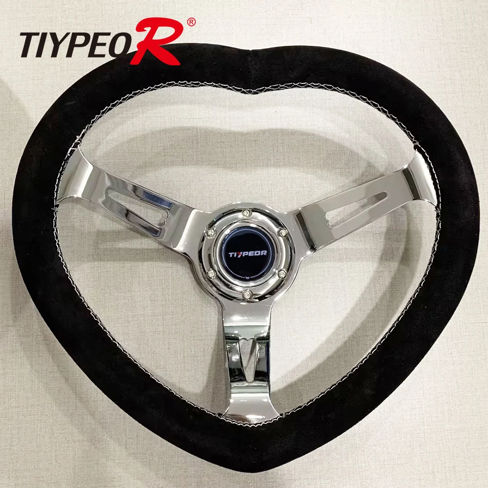 High Quality Black Suede Leather Heart Shape Car Steering Wheel Comfortable Grip Non-Slip Motorsports Steering Wheel 14 Inch