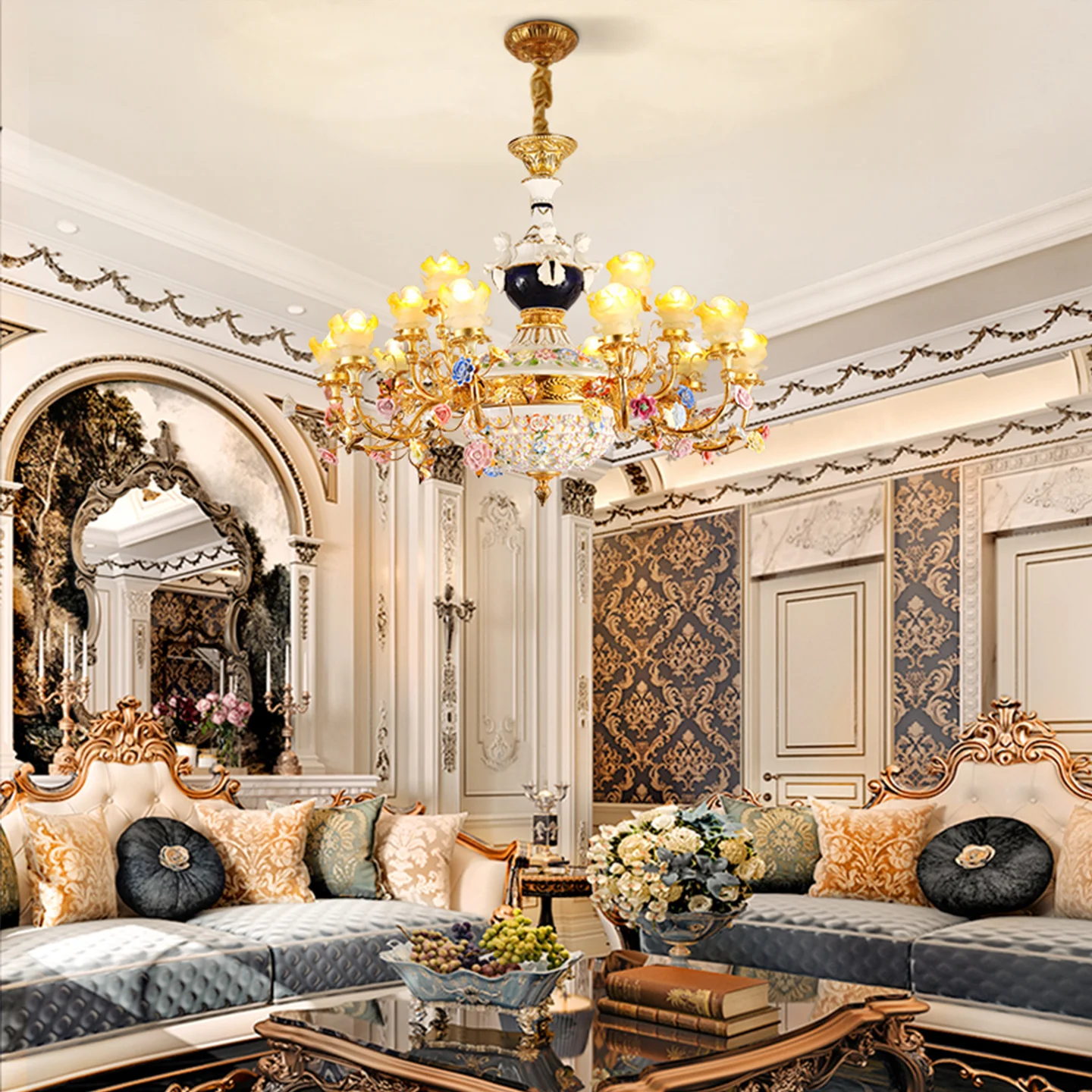 French Baroque Colorful Ceramic Flower Decor Living Room Dining Room Copper Chandelier Villa Bedroom Pendant Lamp
