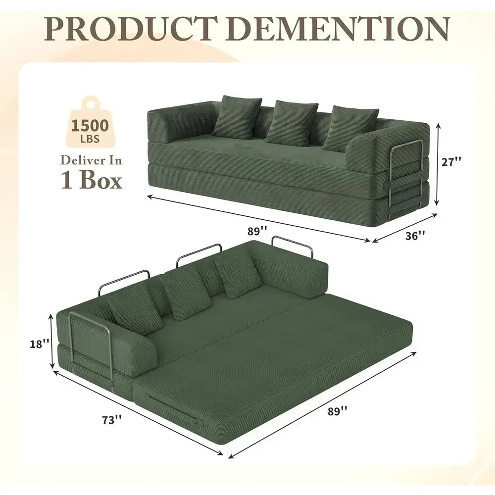Convertible Sofa Bed with High-Density Foam, Corduroy Fabric, 3-Seater Sleeper Couch for Daybed or Living Room (Green)