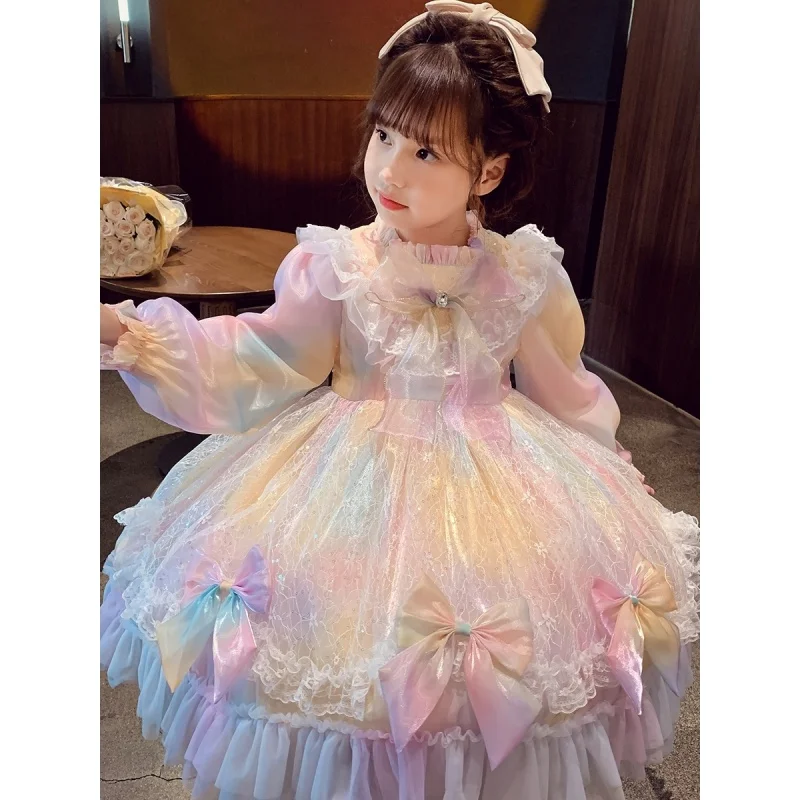 

Girls' Senior Little Girl Autumn New Western Style Children's Fluffy Gauze Dress Rainbow Dress