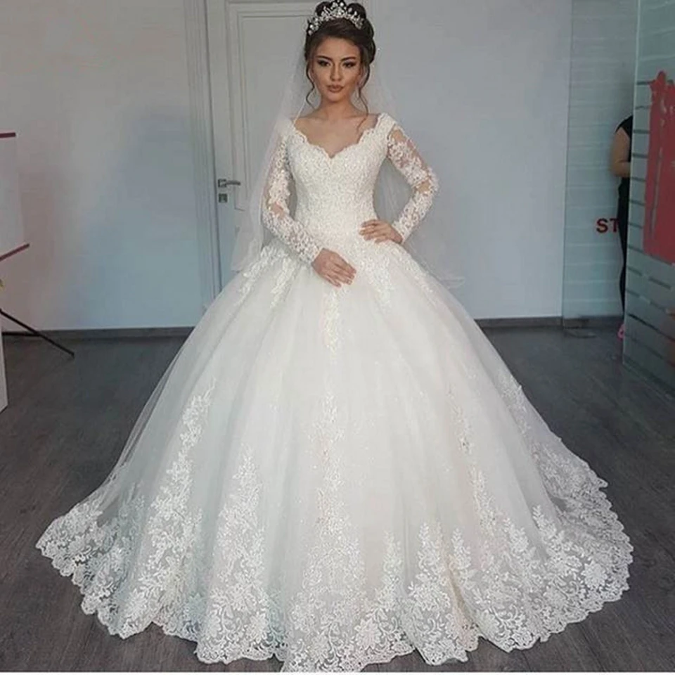 Vestidos De novia De manga larga con cuello en V para mujer, Vestido De novia elegante De tul con apliques De encaje, Vestido De novia De princesa 2023