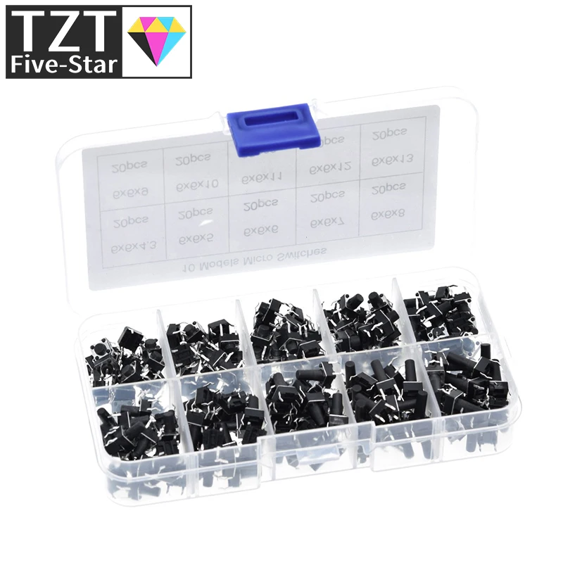 TZT 10 models 100/200pcs 6*6 Tact Switch Tactile Push Button Switch Kit, Height: 4.3MM~13MM DIP 4P micro switch 6x6 Key switch