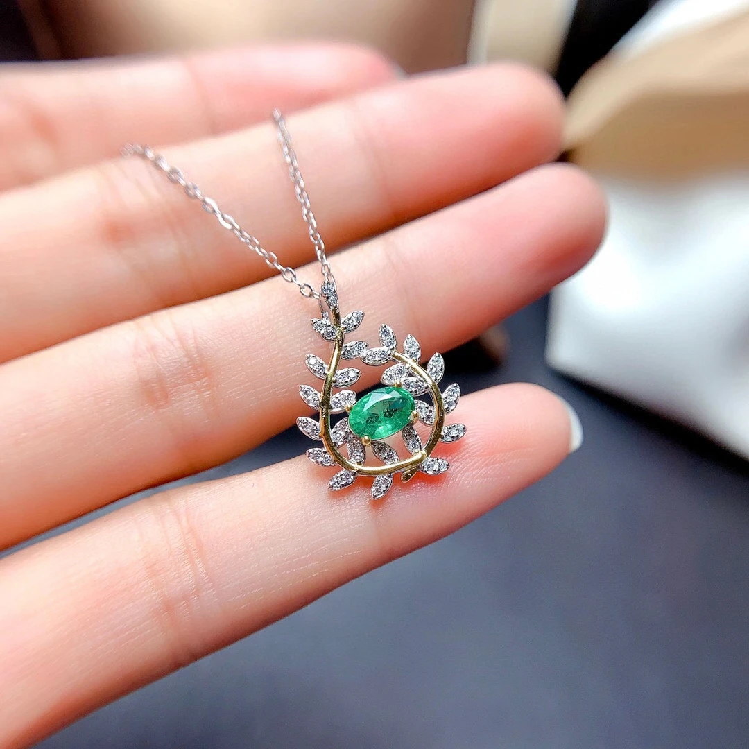Natural Emerald Gemstone Olive Branch Pendant Necklace Real 925 Pure Silver Green Stone Fine Wedding Jewelry for Women