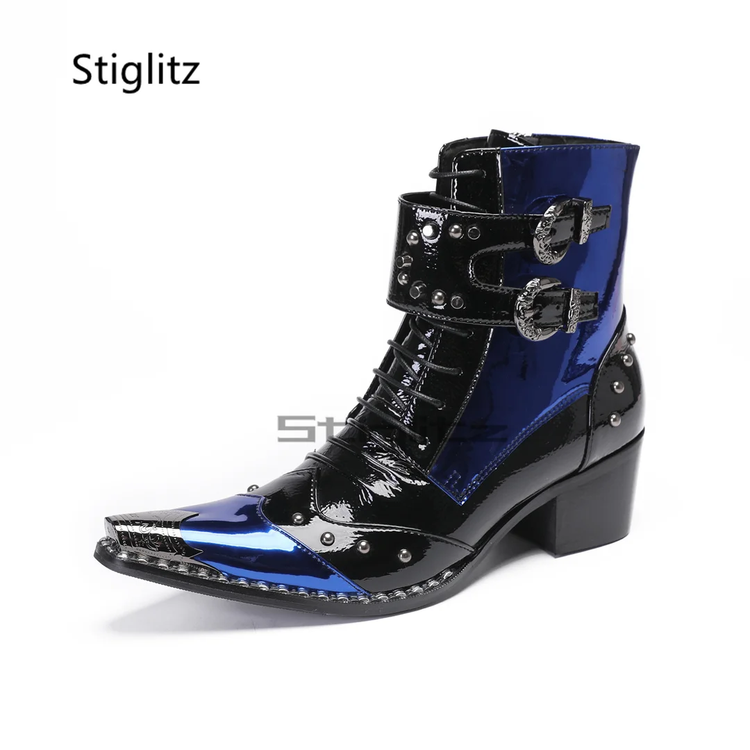 

Blue Black Mixed Colors Ankle Boots for Men Rivet Double Buckle High Heels Metal Pointed Toe Zip Patent Leather Chelsea Men Shoe