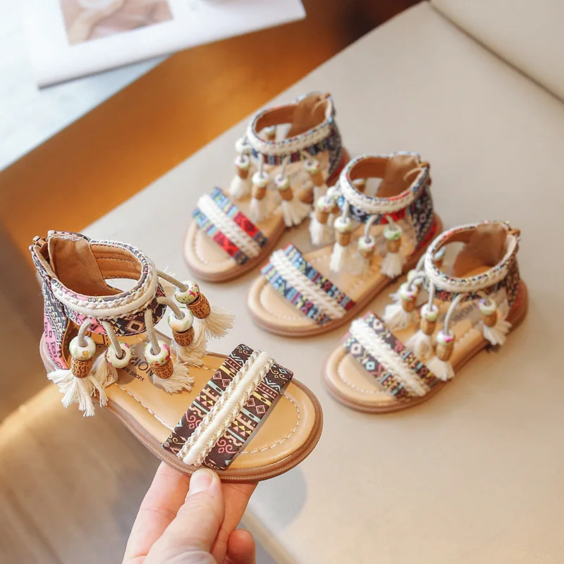 2023 Summer New Girls Sandals Fashion Princess Shoes Ethnic Style Kids Tassel Soft Sole Roman Shoes Sandals for Girls 2-12y