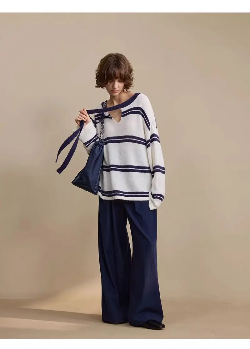 قميص أنيق متعدد الاستخدامات محبوك بشريط مخطط وحجب الألوان للنساء