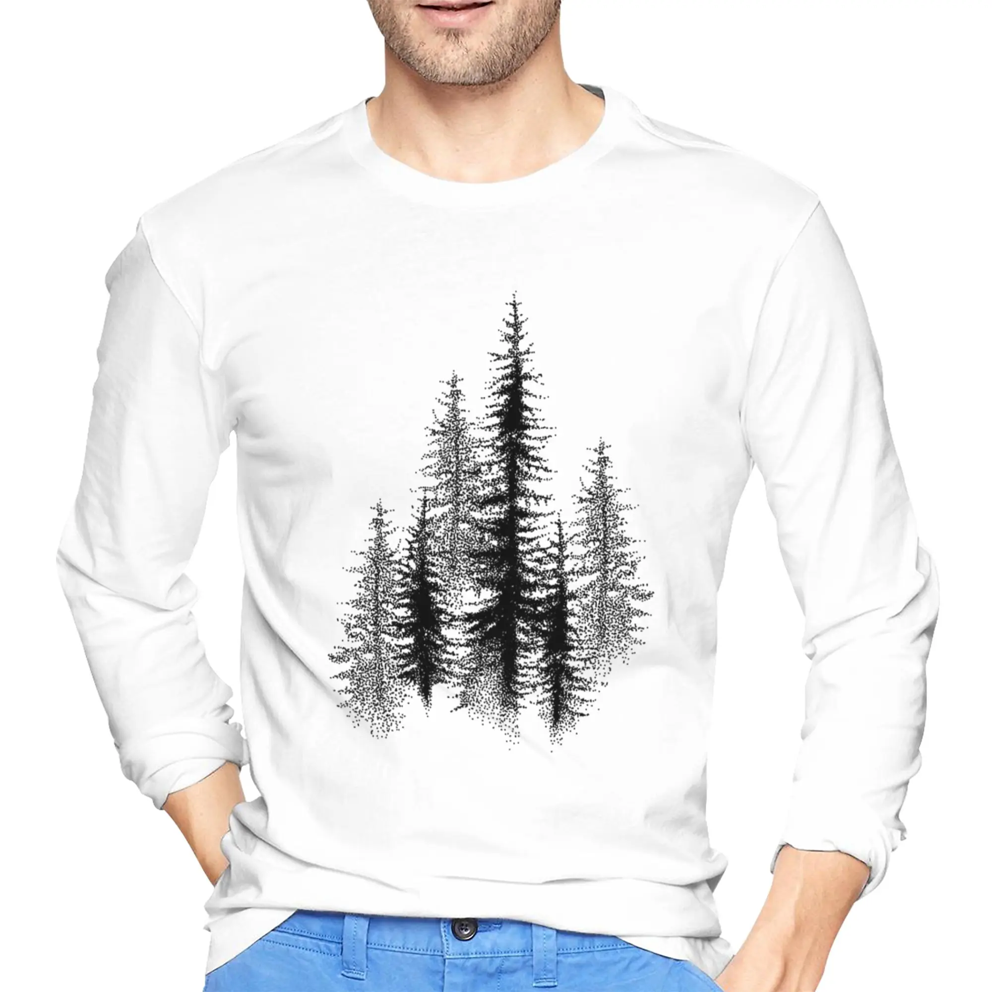 

Мужская футболка с длинными рукавами в горошек, черный скандинавский лес, повседневные футболки с круглым вырезом, весенне-осенние мужские топы