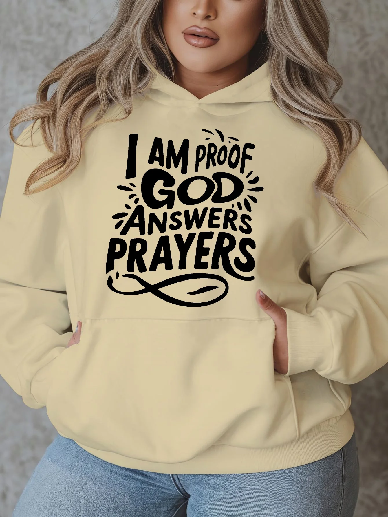 سويت شيرت كاجوال بقلنسوة مع أنا برهان إجابة الله الصلاة طباعة بلوفر بأكمام طويلة مع جيوب تصميم هندسي نابض بالحياة