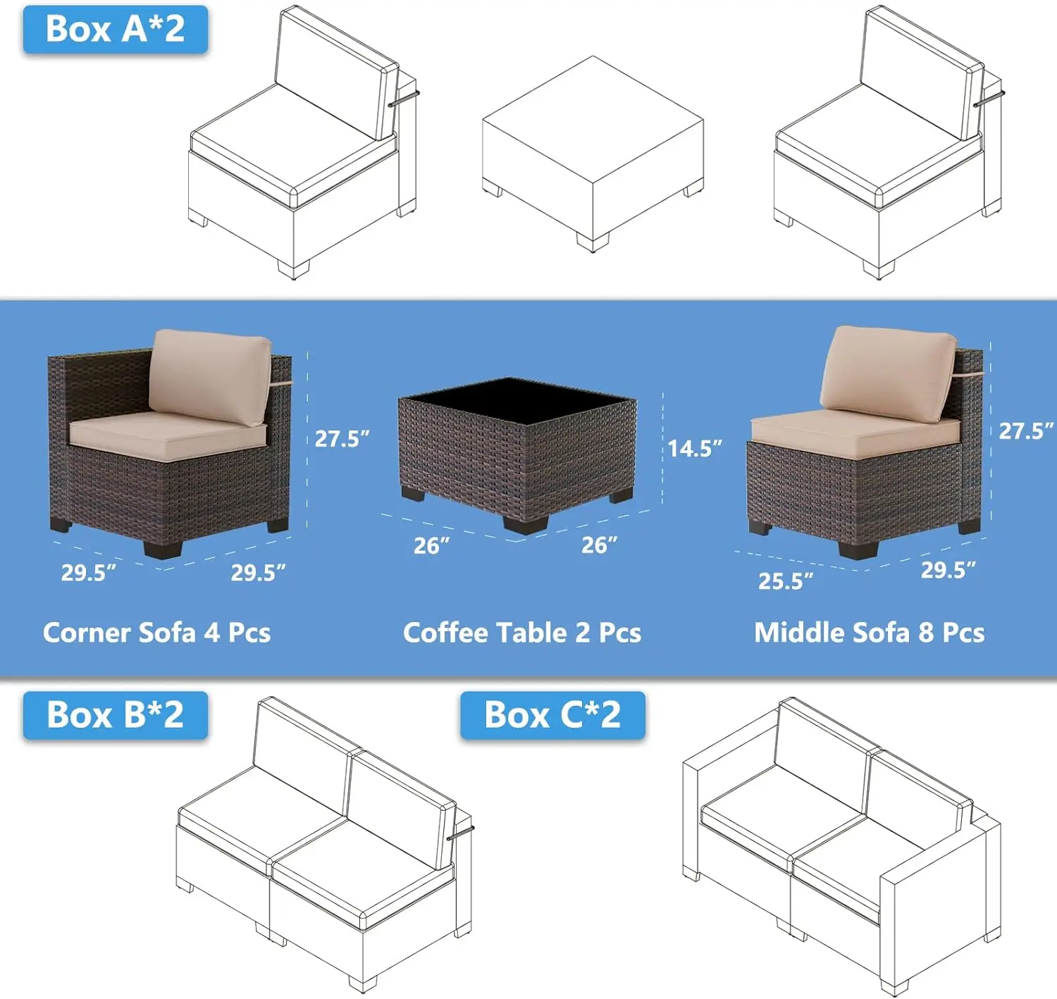 PE Rattan Outdoor Patio Móveis Set, Sofá secional, Pátio Conversação Set, Top de vidro temperado, mesa e almofadas, 14 Pcs