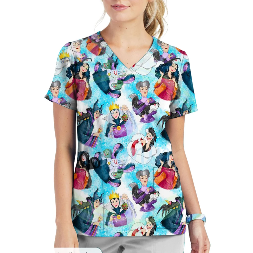 Disney Princess Pocket Women's V Neck Nurse Uniform T-Shirt Woman Clothing Street Wear Tops S-3XL Kawaii Summer Short Sleeve Y2k