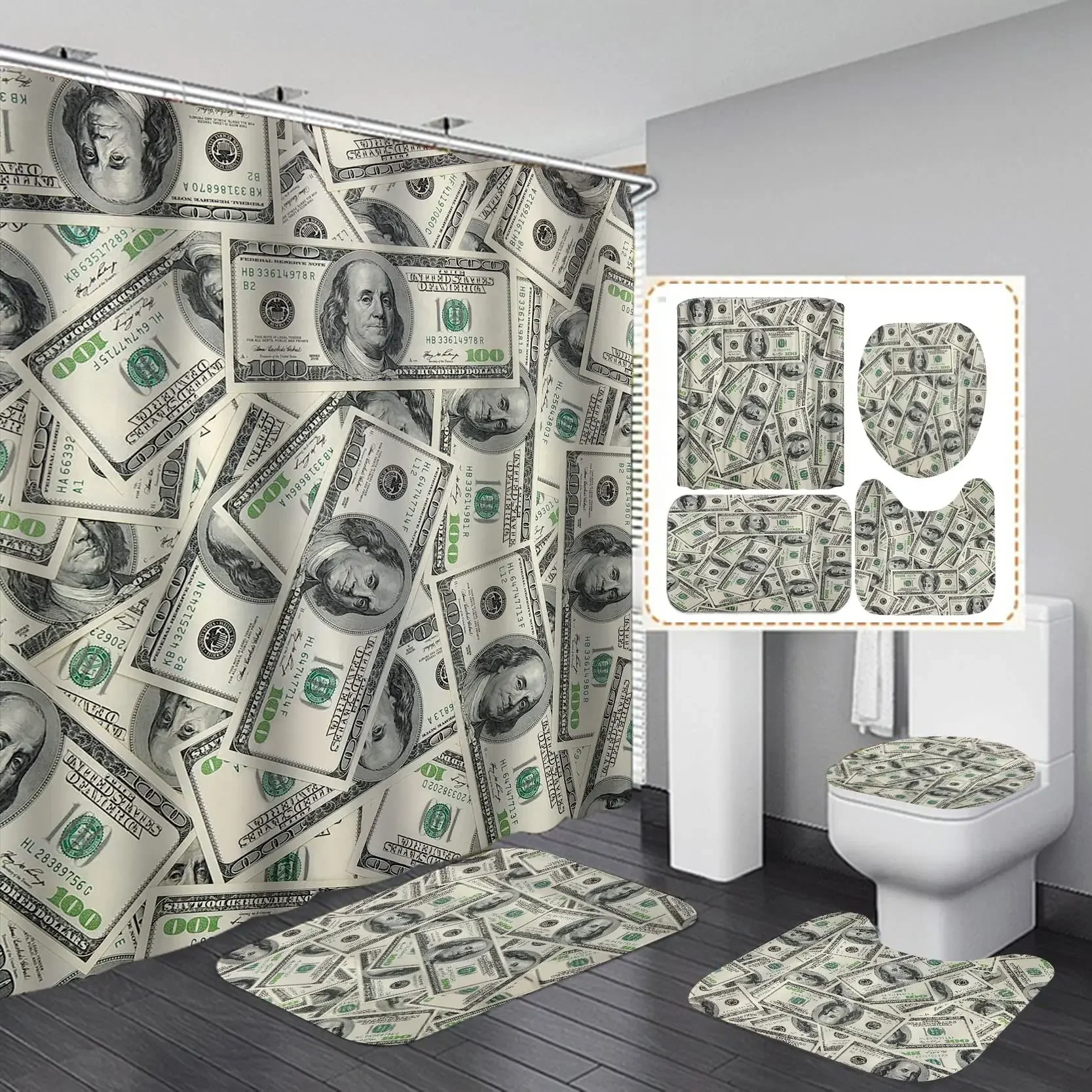 Money Shower Curtain Set Hundred US Dollar Bills Cash Benjamin Franklin Profile Luxury Modern Bath Curtain Bath Rugs Toilet Mats