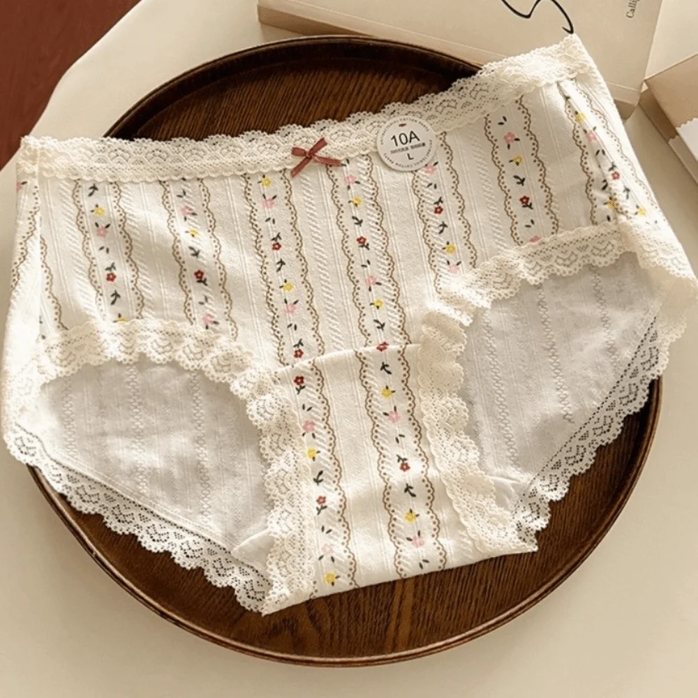 Lingerie Bow Floral Cotton Panties Grid Stripe Underwear for Women Mid Waist Lace Sweet Flower Briefs Spring Summer