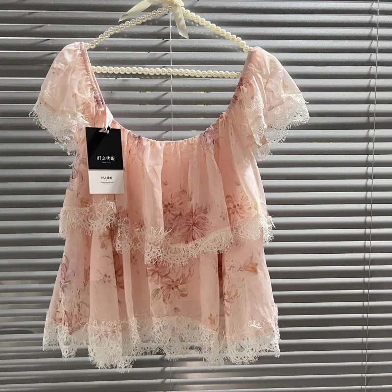 Women's 2026 Summer French Sweet Palette Print Lace Flutter Sleeve Square Neck Backless Blouse Y2K Korean Chic Hot Girl Coquette