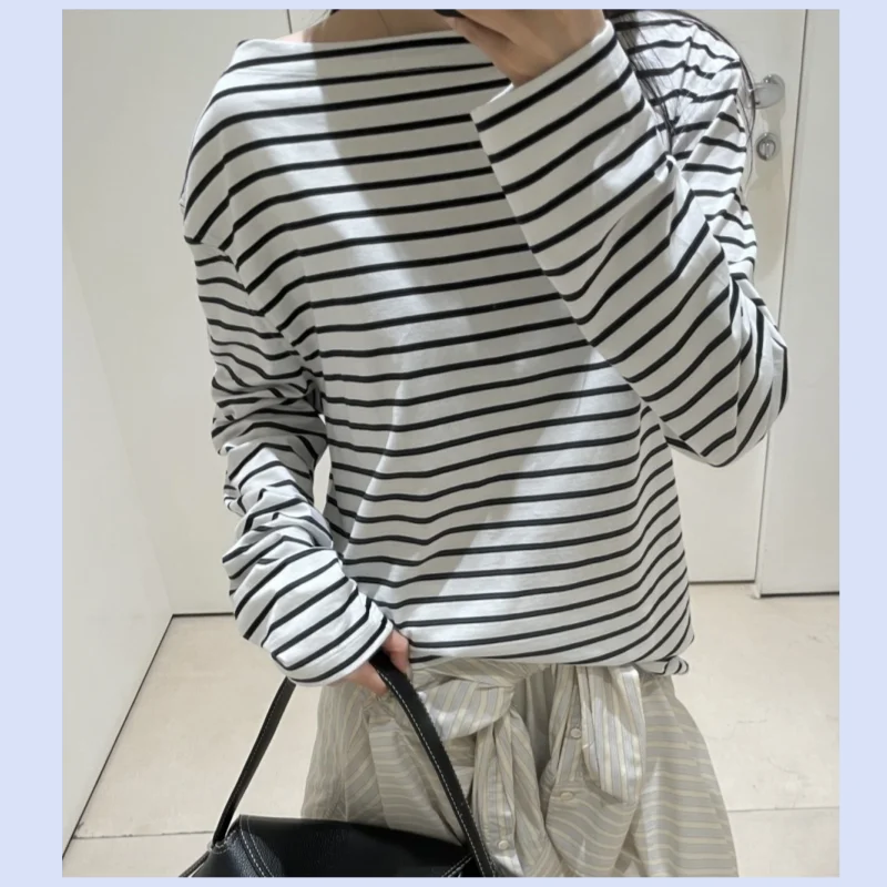 26 year early autumn women's new loose cotton boat collar striped versatile base long sleeved T-shirt top