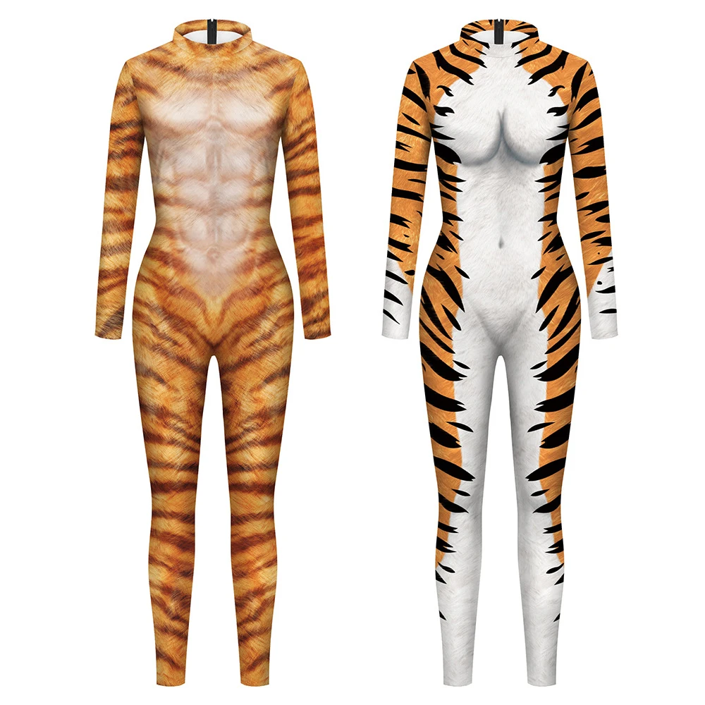 Adult Halloween Giraffe Tiger Lion Jumpsuit Costume Men Women 3D Print Animal Cosplay Bodysuit