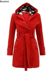 2024 Autumn Women's Hooded Overcoat Trend Double-Breasted Design Belt Side Pockets Plaid Splice Woolen Coats Winter Jacket Femme