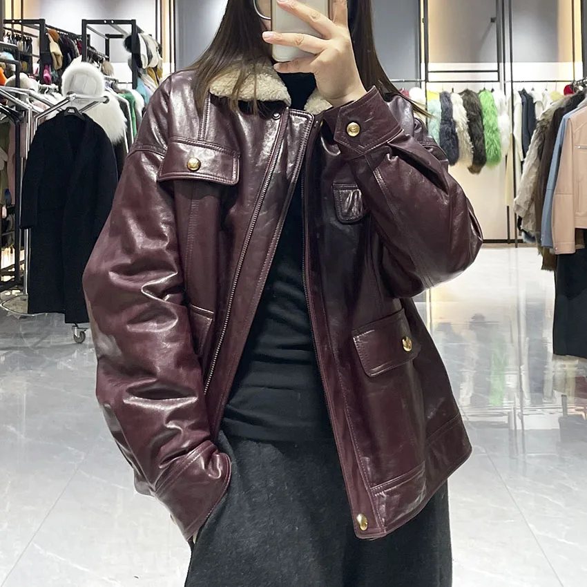 JANEFUR Women's Winter Coat Wine-Red Genuine Leather Down Jacket With Lambswool Collar Real Leather JFB8-25003