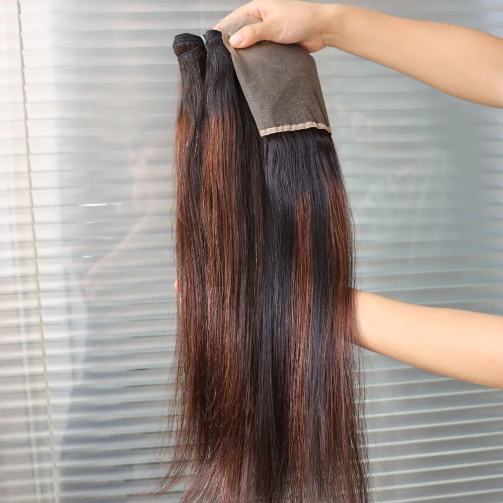 تسليط الضوء على بني فاتح 1B 4 أومبير عذراء ريمي الشعر البشري الهندي حزمة لحمة مع الدانتيل الشفاف إغلاق أمامي انخفاض الشحن