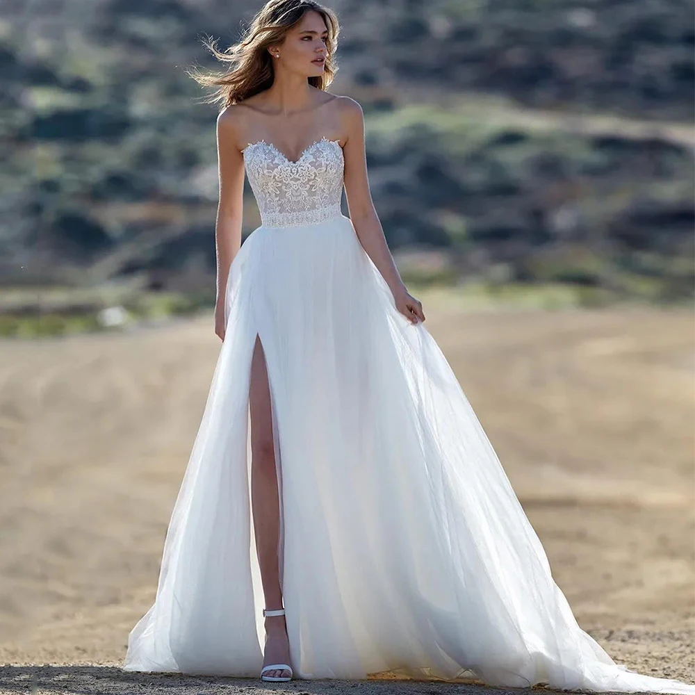 Elegant Lace and Tulle Wedding Dress Sweetheart Sleeveless Sexy High Side Slit A-Line Floor Length Bridal Open Back Gowns