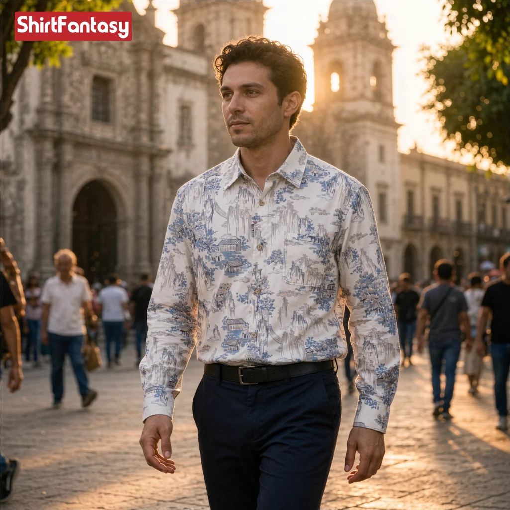 Men's Vintage Chinese Landscape Print Shirt Ink Painting Long Sleeve Casual Button Down Top Retro Ethnic Style Loose Fit Cotton