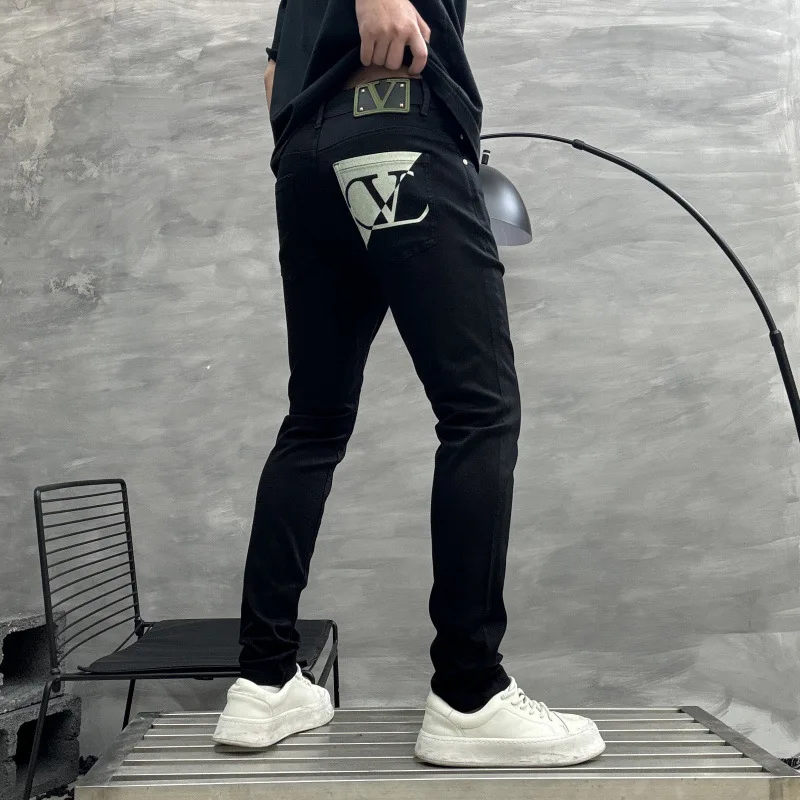 

2025 New Fashionable Light Luxury Jeans for Men, Simple Fashion Printed, Slim Fit, Elastic, Versatile, High end Casual Pants