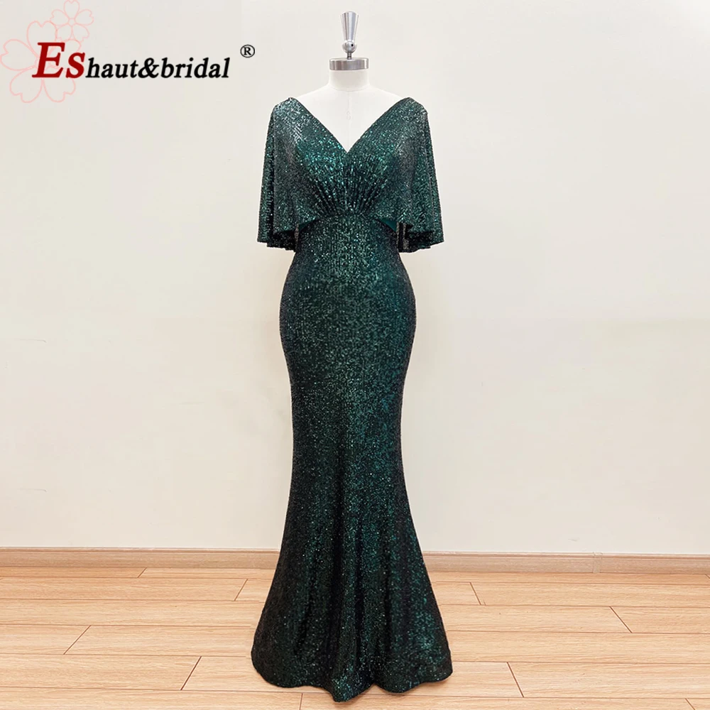 Vestidos de Noche elegantes de lentejuelas para mujer, vestidos de fiesta formales de talla grande con cuello de pico y mangas tipo capa de sirena, personalizados, 2024