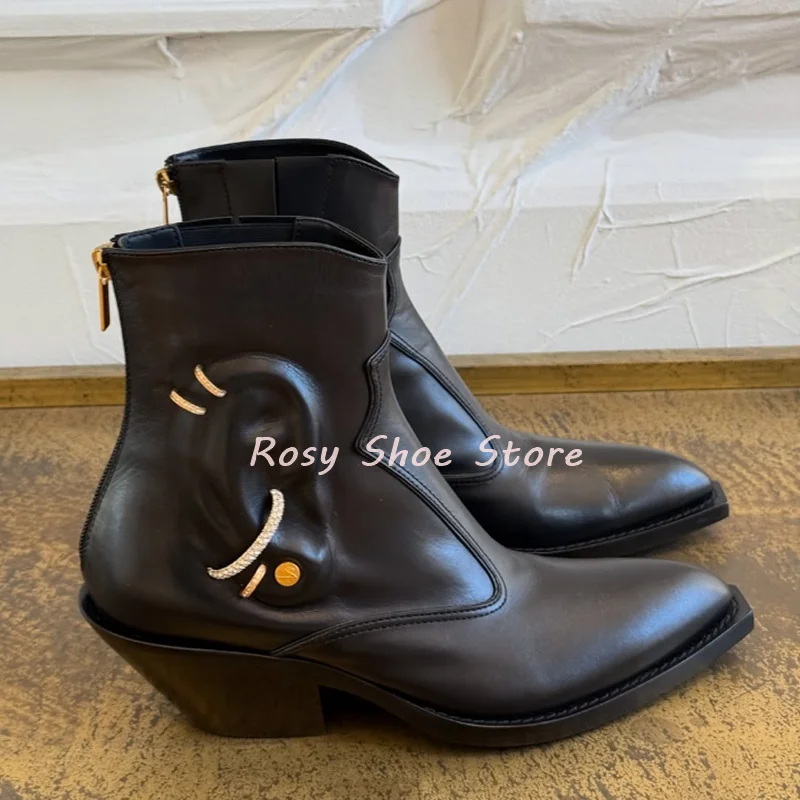 

Women's Tricolor Leather Sexy Pointed Toe Ankle Boot Trendy Diamond Buckle Decor Square Heel Short Boot New Fashion Catwalk Boot