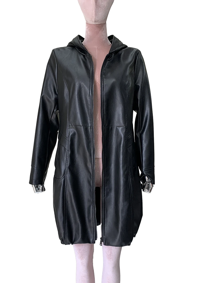 Spring Autumn Black Fitted Soft Waterproof Pu Leather Jackets for Women with Hood High Waist Elegant Luxury Chis Clothes 2025