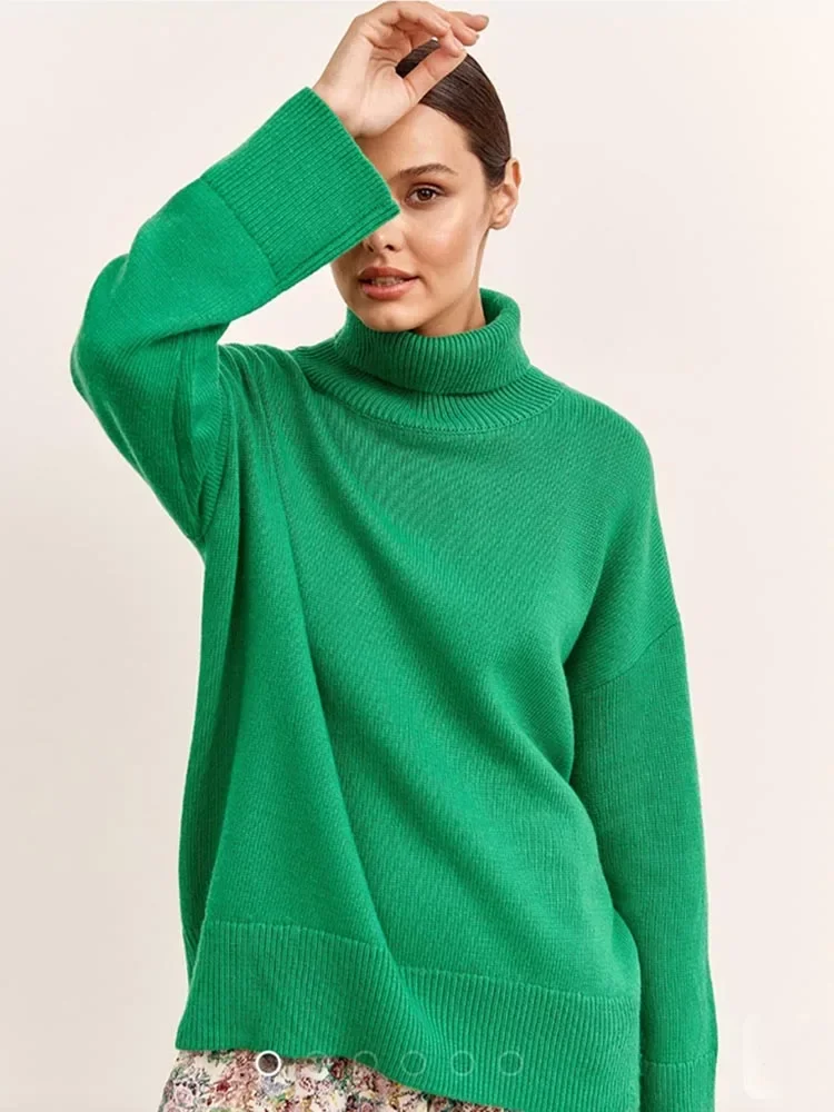 Fashion Women\'s Turtleneck Autumn Winter New Knit Pullover Sweaters Oversized Jumper Loose Casual Solid Blue Green Sweater Woman