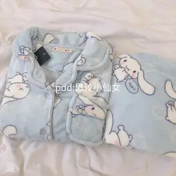 Sanrio kawaii cartoon anime Cinnamoroll coral velvet pajamas for girls creative warm plus velvet thickened cute home clothes set