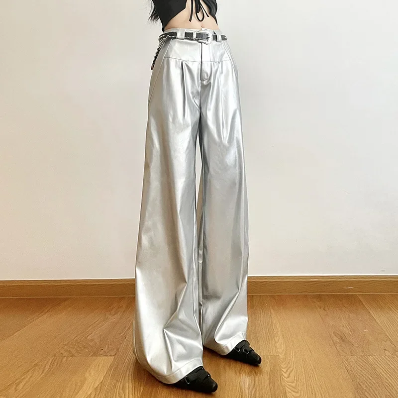 

2024 New Streetwear Cool Silver High Waist Pants Women's Casual Loose Wide Leg Floor Dragging Pant Y2k Hip Hop Leather Trousers