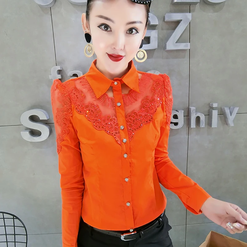 Elegant Women Long-sleeved Lace Blouse New fashion Stitching Cotton shirt Slim Single-breasted Hot drilling OL Tops