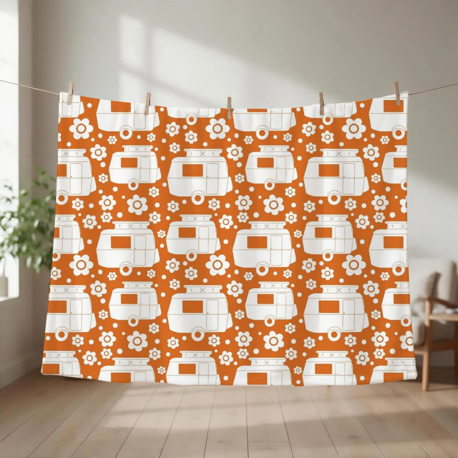 Daisy Polka Dot Vintage Caravan Pattern in Orange and White Throw Blanket couch cozy soft plush fuzzy picnic outdoor blanket