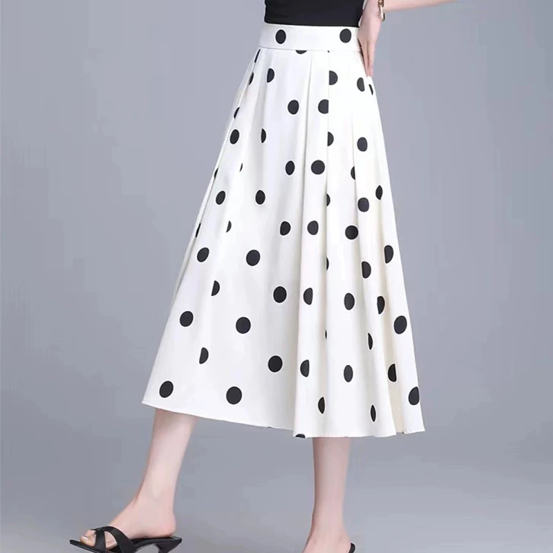Summer Simple Draped A-Line Skirts Women Fashion Big Swing Dot Solid Midi Skirt Ladies Elegant All Match High Waist Skirt Female
